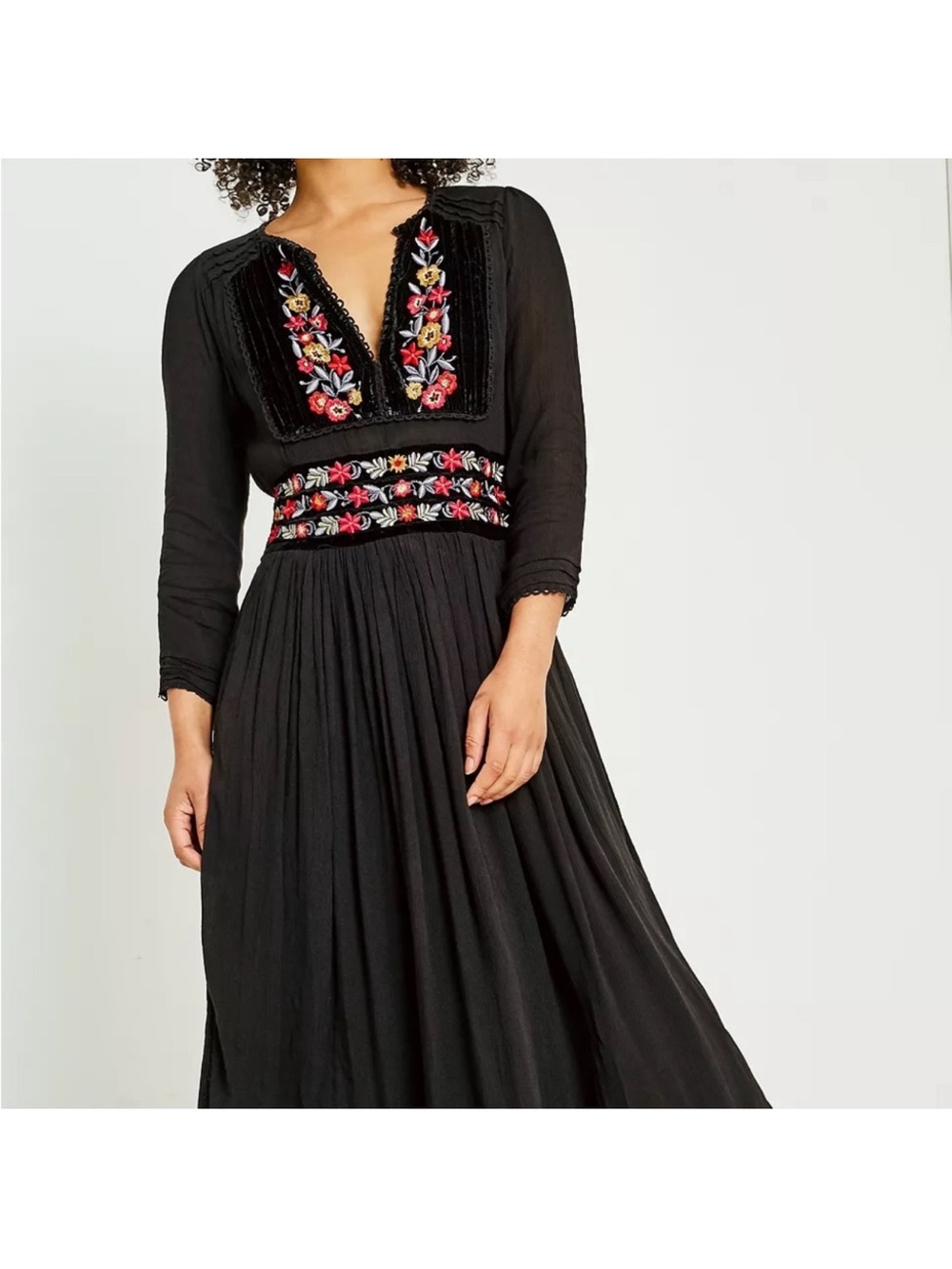 Free People Black Midi Dress with Colorful Floral Embroidery - Picture 4 of 9